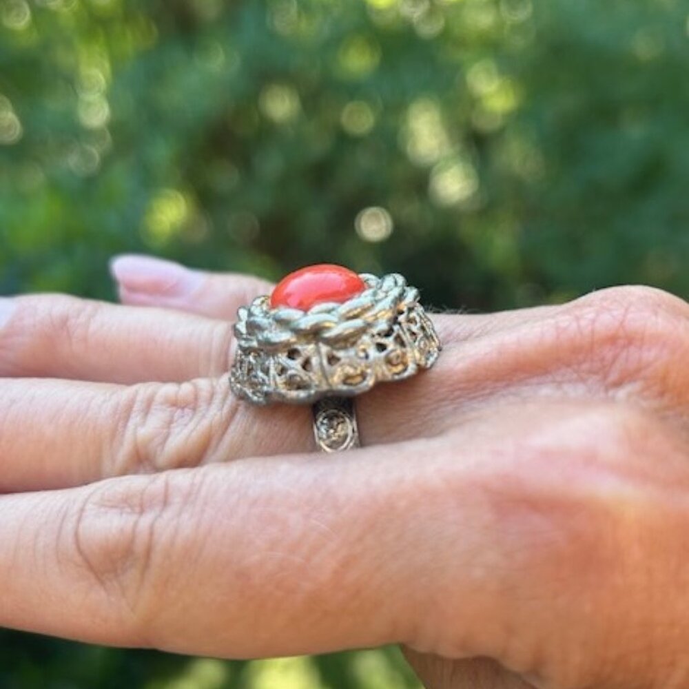 VTG Silver Carnelian Agate Orange Stone Statement Ring
